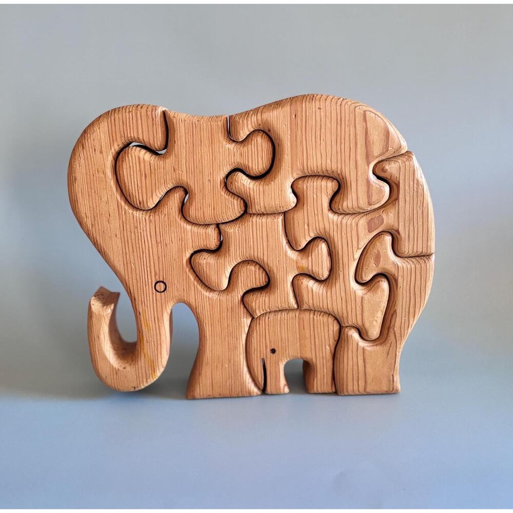 2 Handmade Wooden Puzzles – Elephant & Fish – Chunky Artist‑Signed Vintage